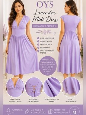 OYS Lavender Corset Waist Midi Dress | Cottagecore Romance | Size M